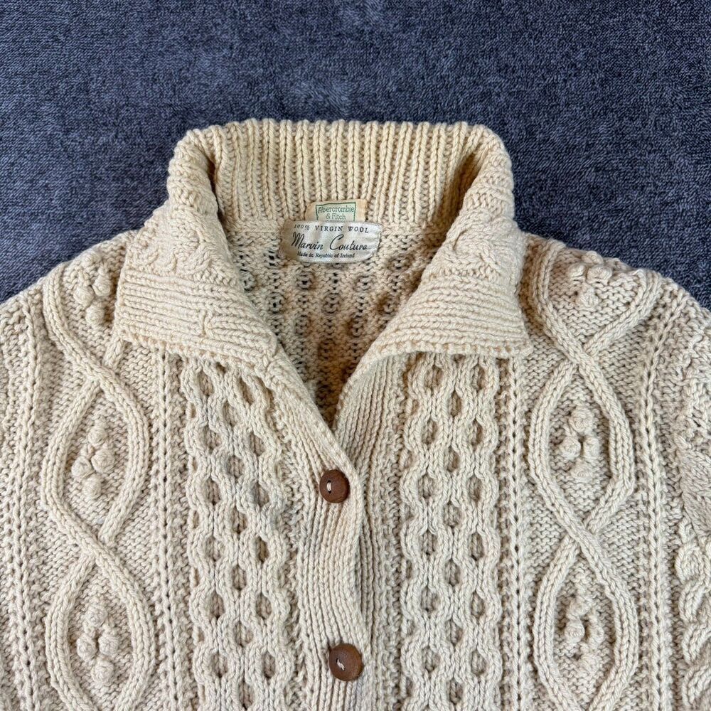 Vtg 60's 70's Abercrombie & Fitch Virgin Wool Cable Knit Cardigan Ireland M/L - Picture 2 of 11